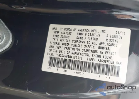 2011 Honda Accord 3.5 Ex-L из США, поврежденный, VIN 1HGCS2B88BA007038